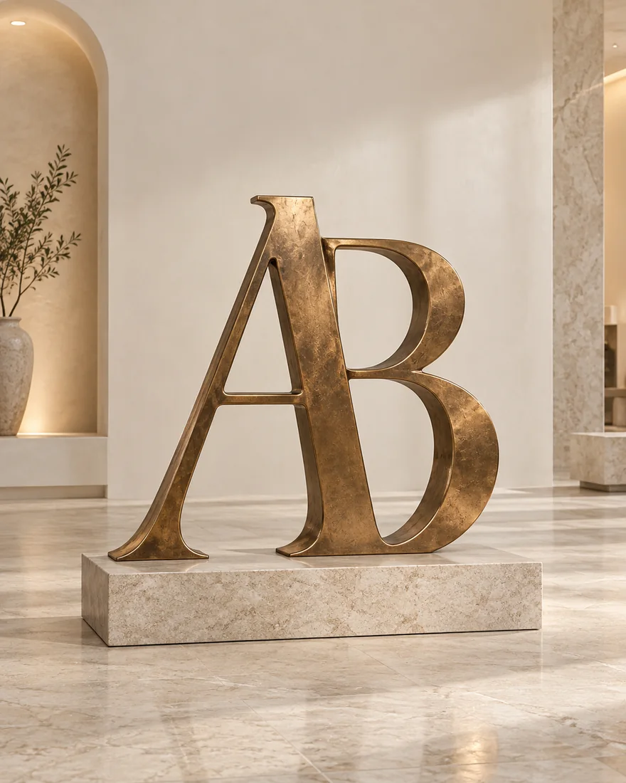 An AB monogram sculpture in a warm bronze finish in a neutral showroom.