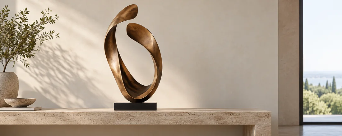 An abstract bronze coloured open loop sculpture on a travertine console.