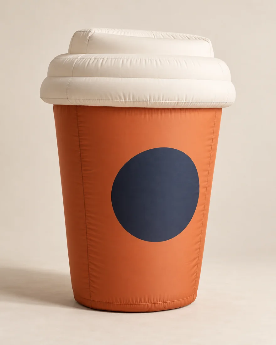 An oversized terracotta inflatable takeaway coffee cup with a cream lid and simple abstract symbol.