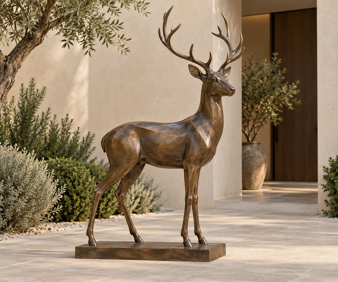 A bronze coloured deer sculpture with antlers beside a warm plaster courtyard wall.