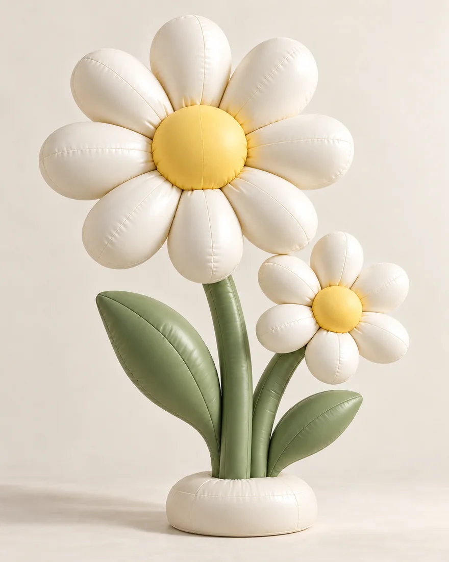Cream and yellow inflatable daisies with soft green leaves