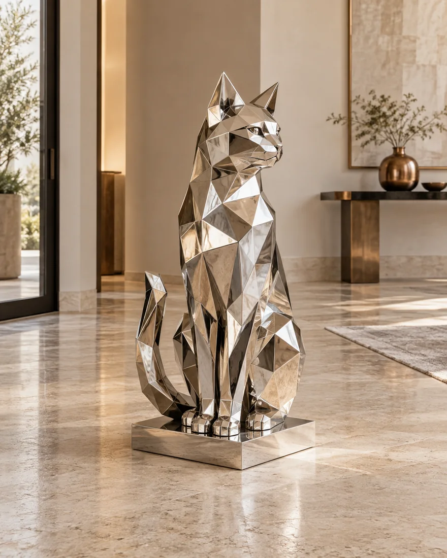 A mirror silver geometric cat sculpture in a warm contemporary entrance.