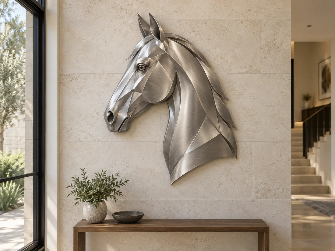 A brushed silver horse head relief mounted on a warm stone feature wall.