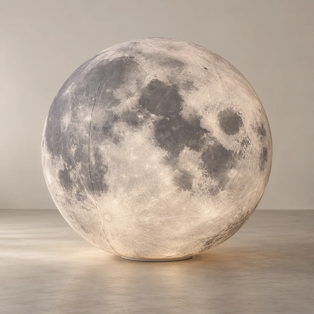 A softly illuminated inflatable moon with printed lunar surface texture in a neutral studio.