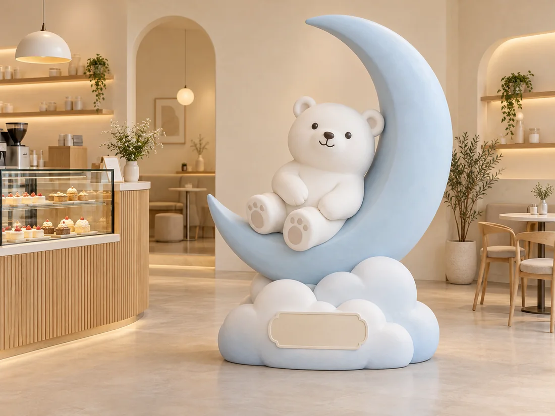 An original white bear resting on a pale blue crescent above a cloud base in a dessert cafe.