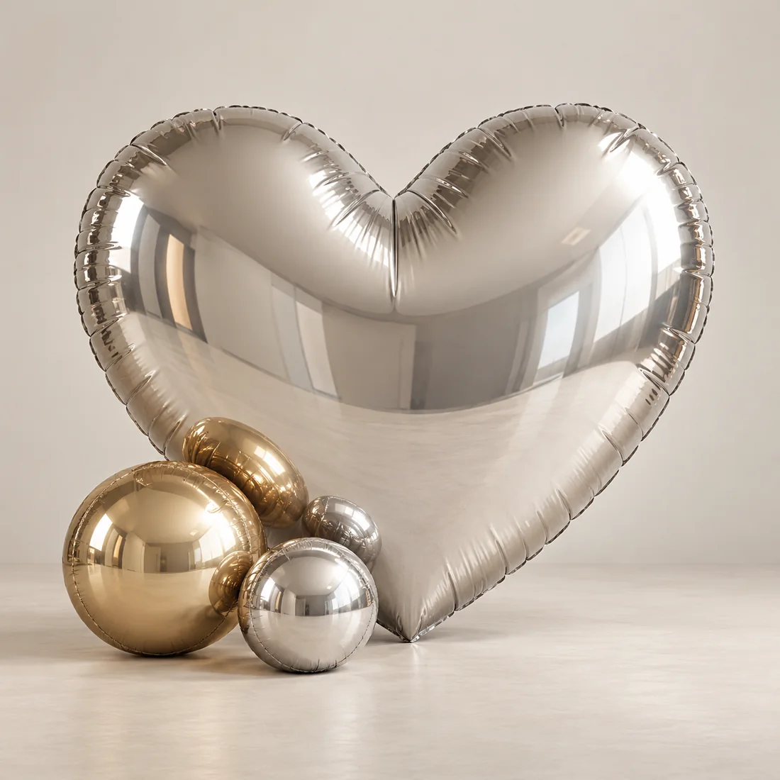 A reflective silver inflatable heart with champagne and silver spheres at its base.