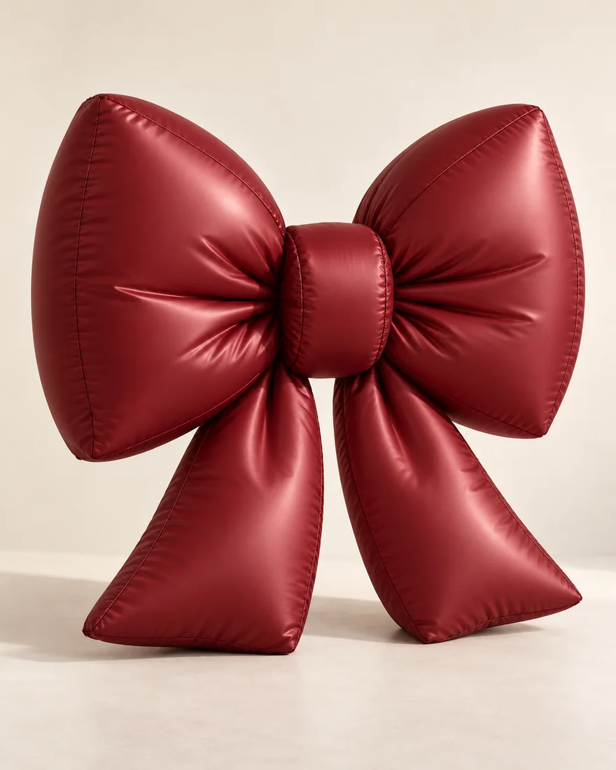 A large burgundy inflatable bow with two loops and broad tails standing on a cream floor.