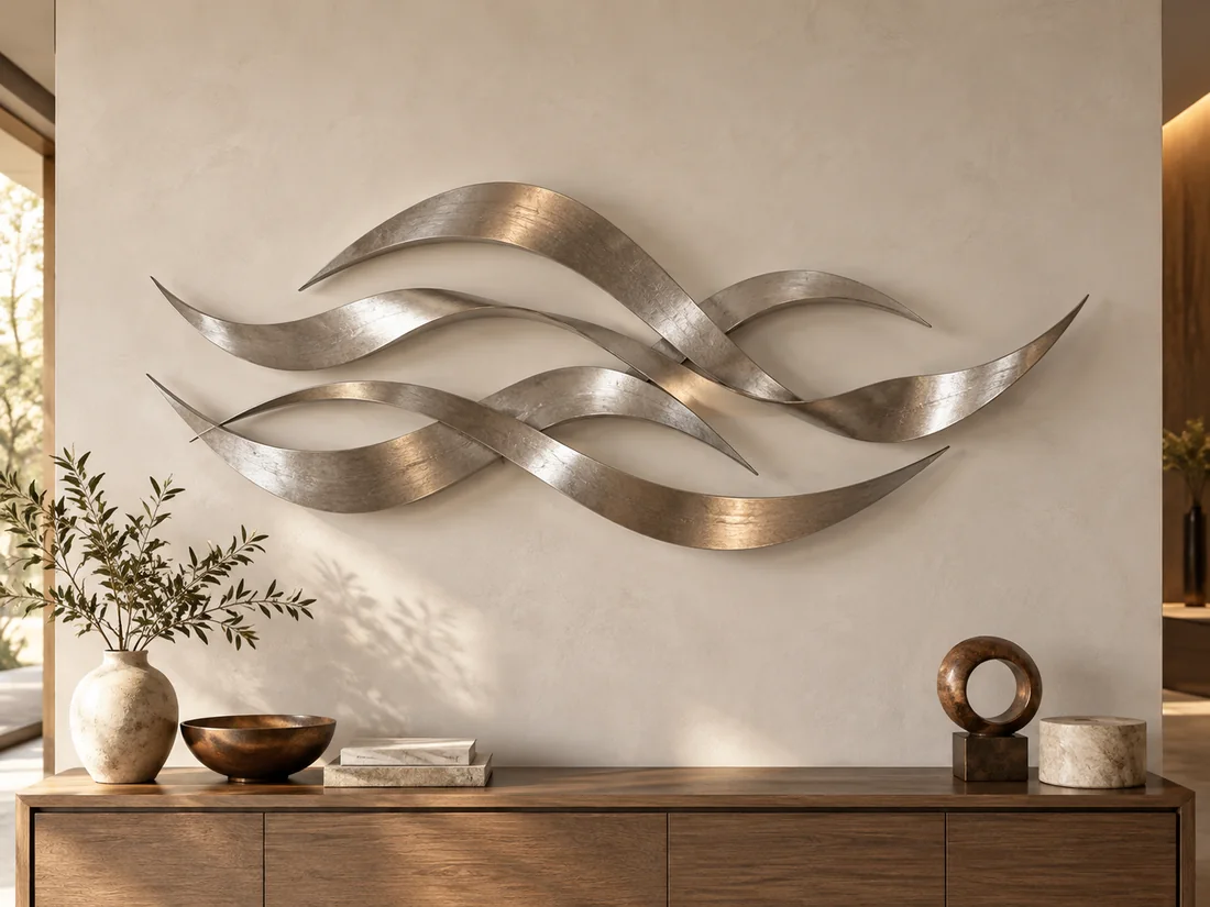 Five overlapping silver ribbon forms above a timber console on a pale feature wall.