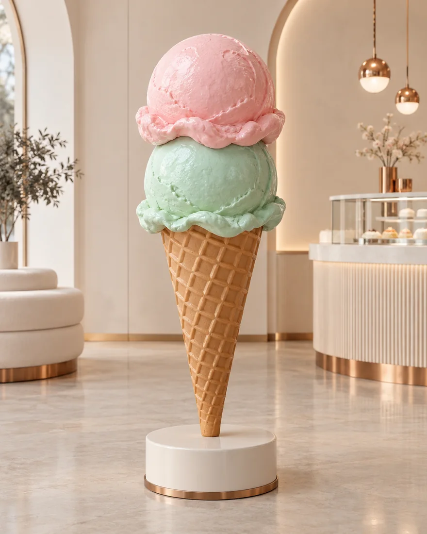 A pastel pink and mint two scoop ice cream sculpture in a light dessert shop.