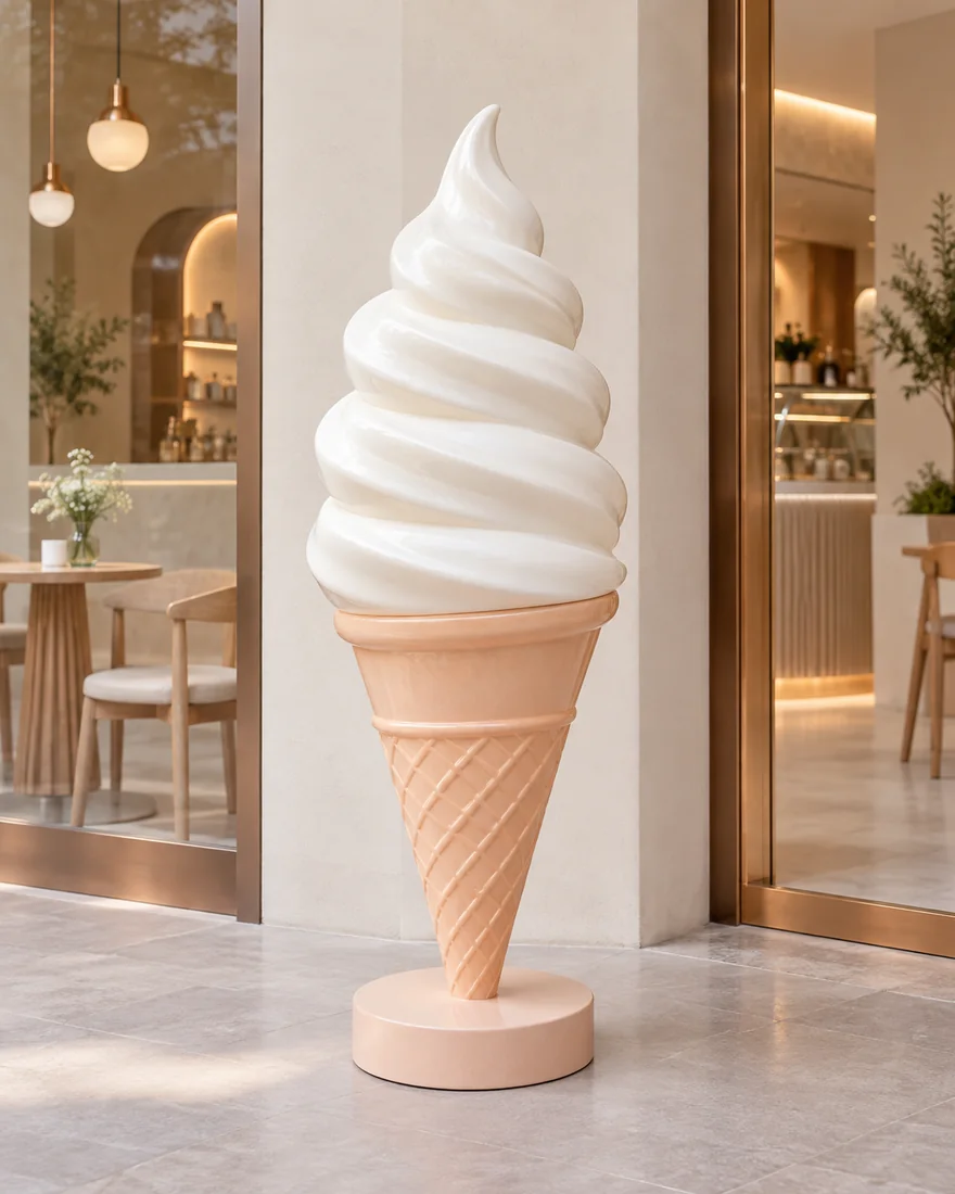 A white soft serve ice cream sculpture on a peach coloured cone in a cream dessert cafe.